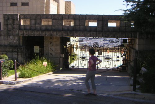 Rachel at the Ennis House gate